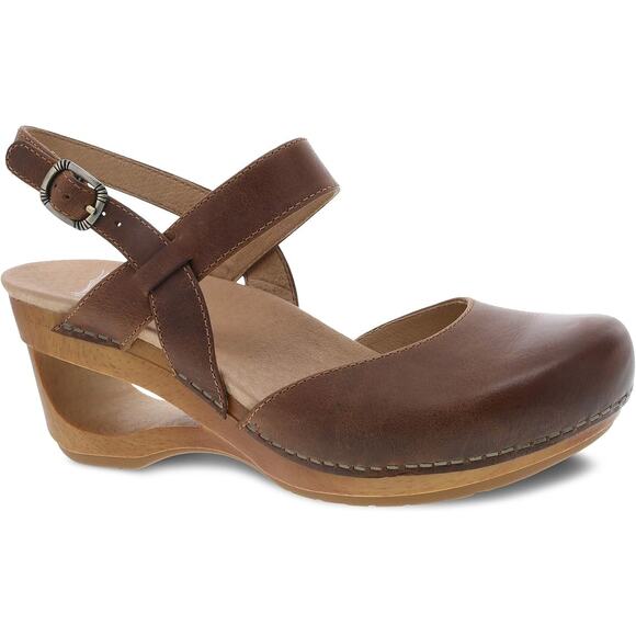 Dansko Taci Brown Leather Mary Jane Wedge Clogs EU 41 US 11 Cottage Boho Neutral - Picture 15 of 15